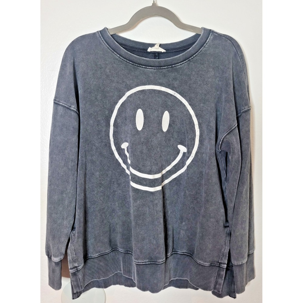 Easel LA Smiley Face Crewneck Pullover 100% Cotton Sweatshirt Sz S Grey Slouchy